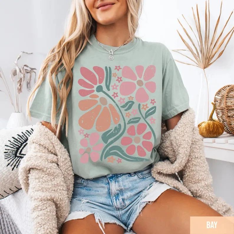 Boho Floral Retro Comfort Tee Shirt Vintage Style Soft Relaxed