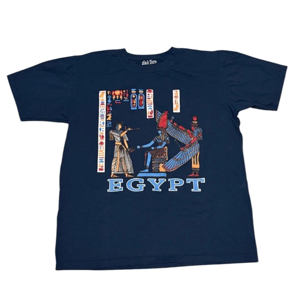 Black Horse Mens Egypt Graphic Tee Navy Blue Hieroglyphics Cotton Shirt Small