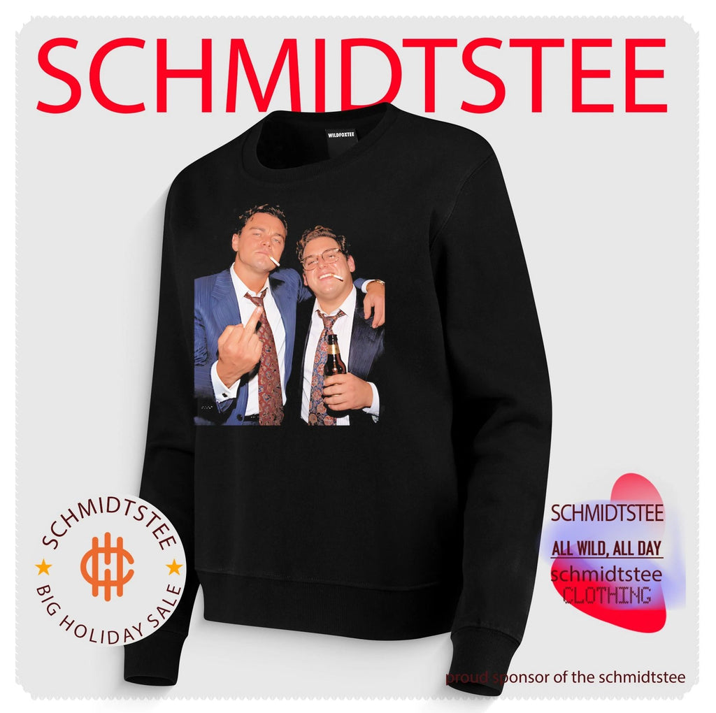 Leonardo DiCaprio and Jonah Hill smoking middle finger shirt