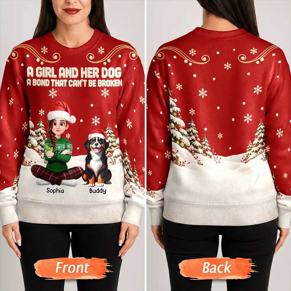 Christmas Gift For Dog Lovers - Personalized Cartoon A Girl And Her Dog Unisex Ugly Sweater
