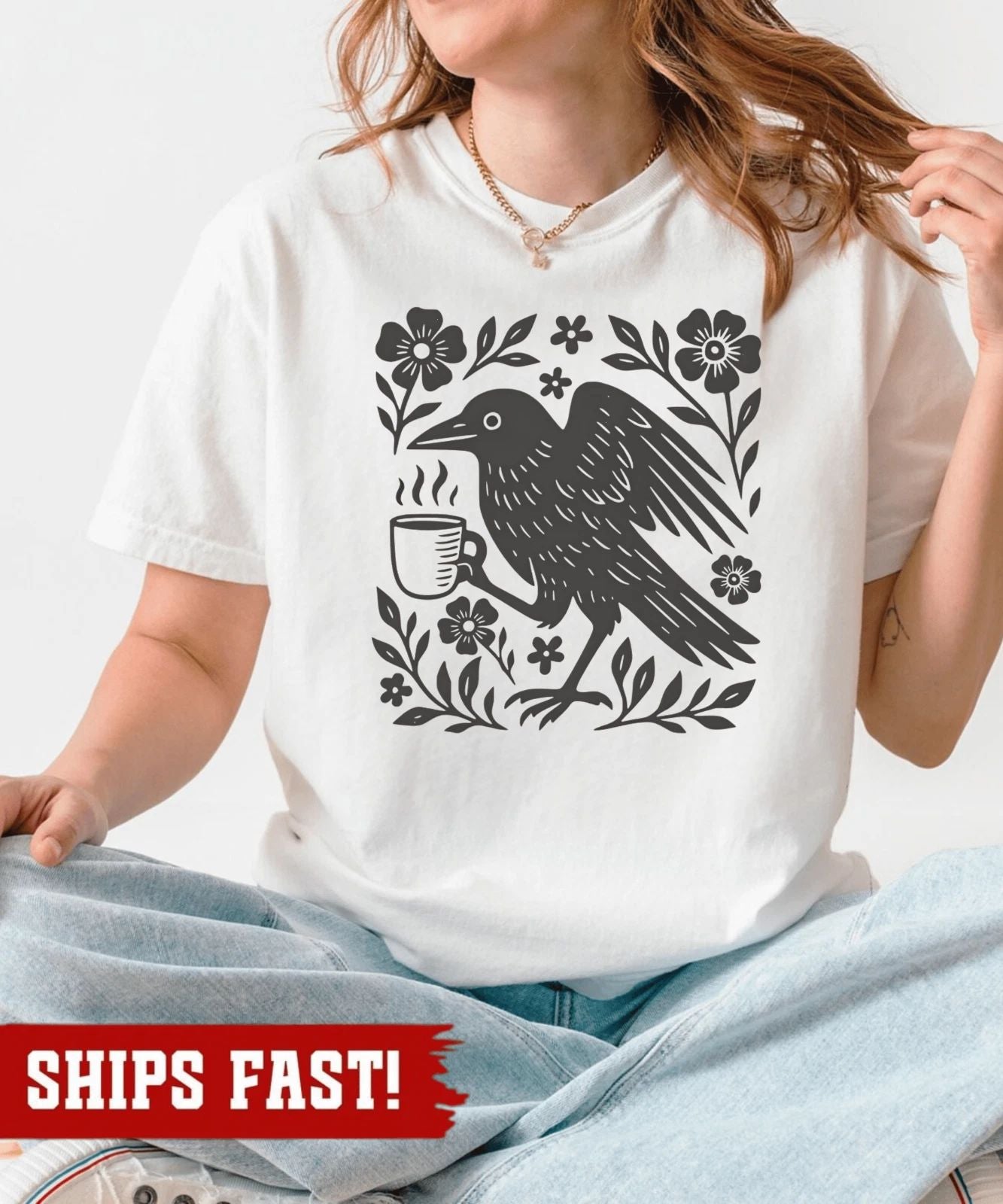 Boho Crow Shirt, Bird Coffee Lover, Oversize, Womens, Mens, T-shirt