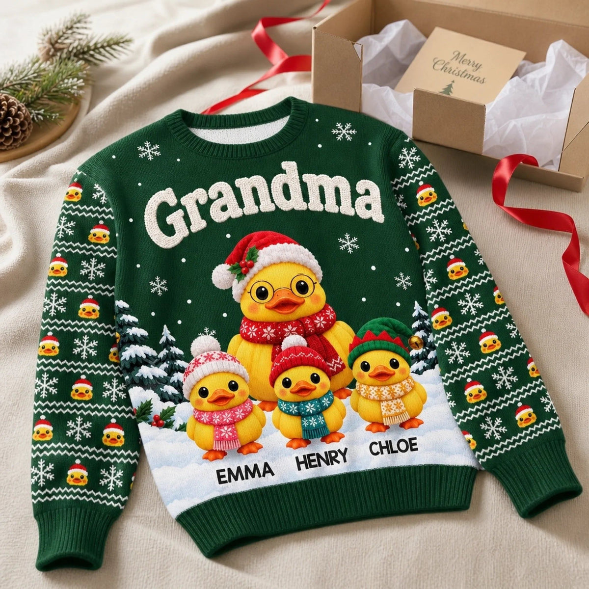 Custom Name Christmas Duck Family Gifts For Grandma - Personalized Ugly Sweatshirt