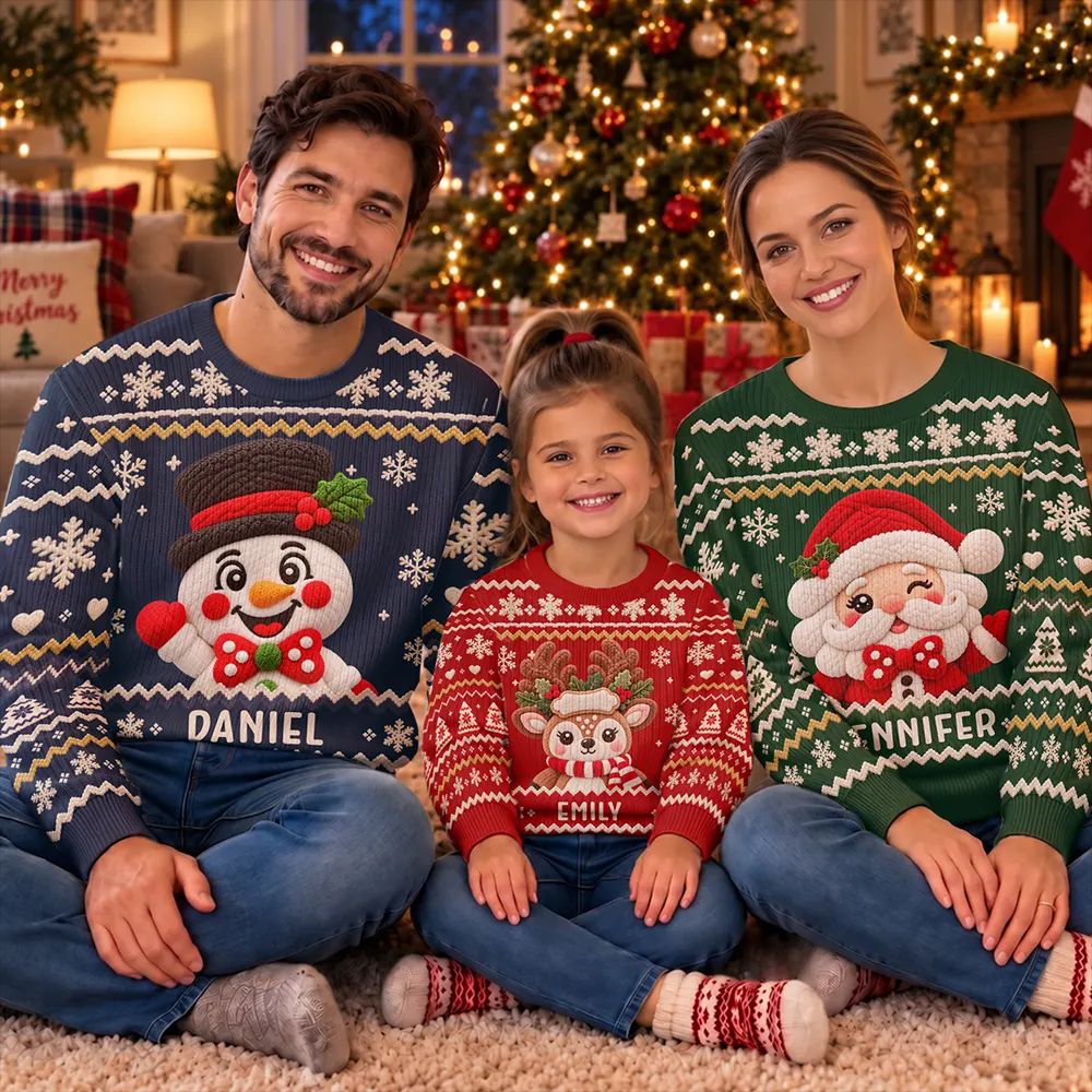 Christmas Gift For Family - Personalized Faux Chenille Effect Santa Snowman Reindeer Unisex Ugly Sweater