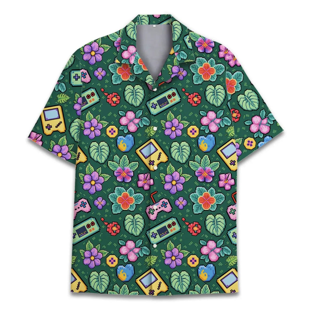 Retro Game Console Hawaiian Shirt Unisex, Pixel Art Floral Aloha Shirt