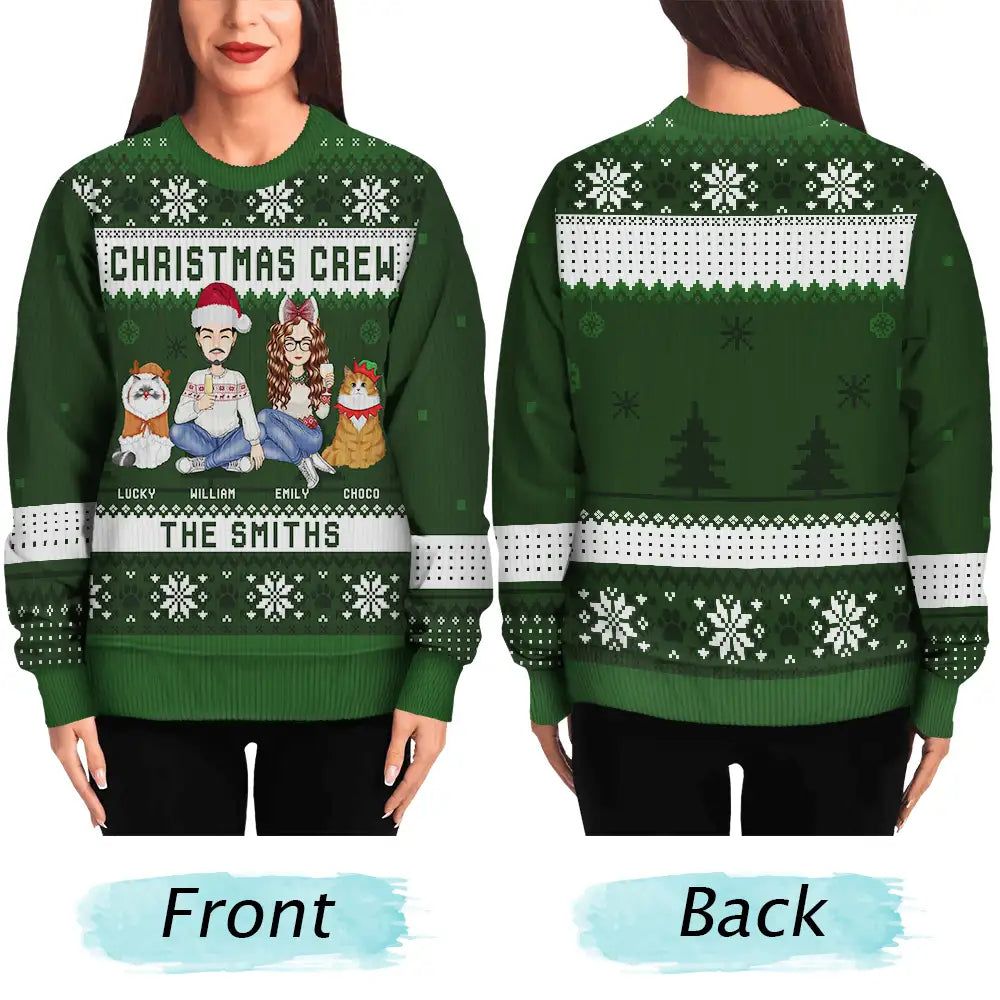 Christmas Crew Family With Dog Cat - Personalized Unisex Ugly Sweater