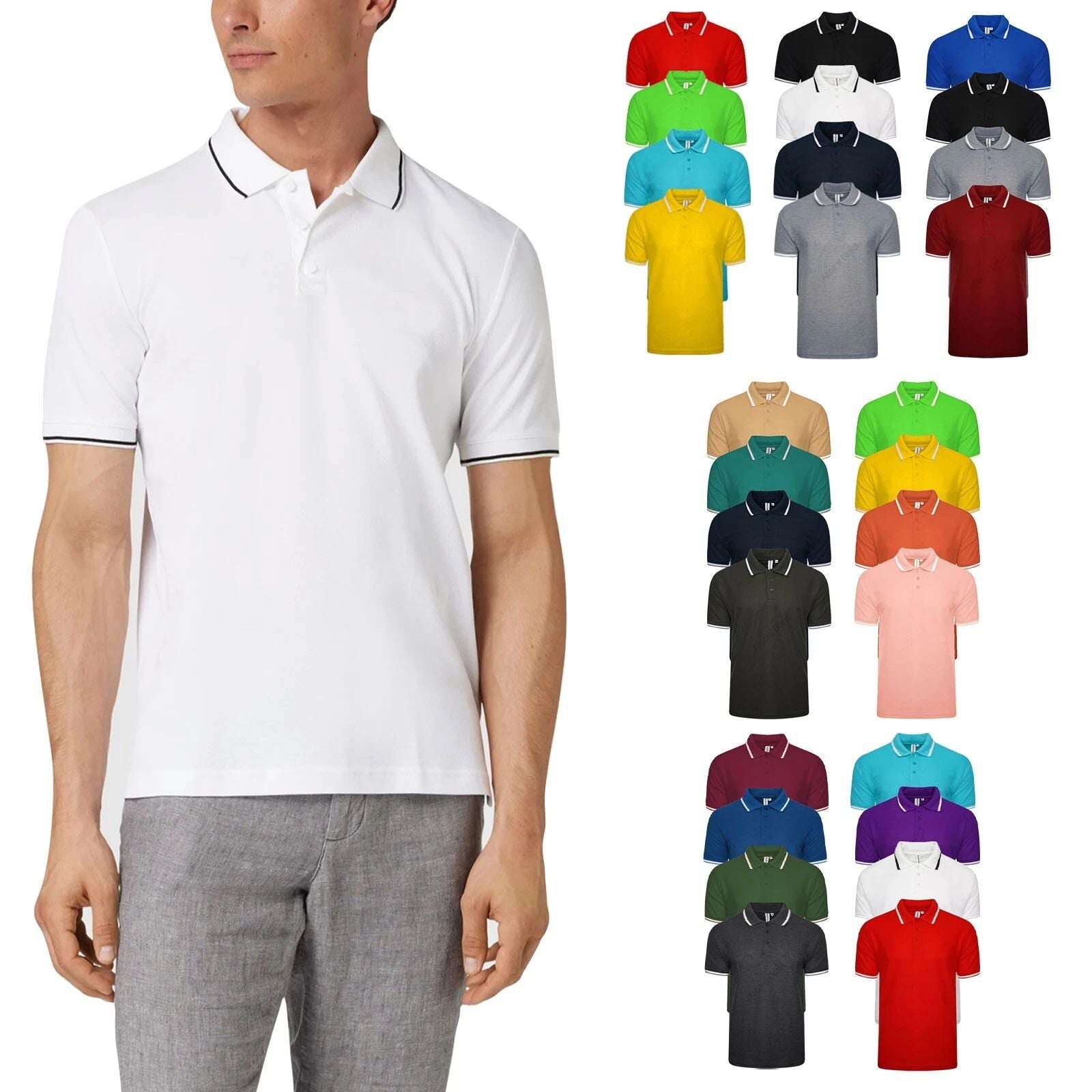 4 / 6 Pack Mens Tip Polo Shirt Short Sleeve Plain Pique Tipping Collar T Shirt