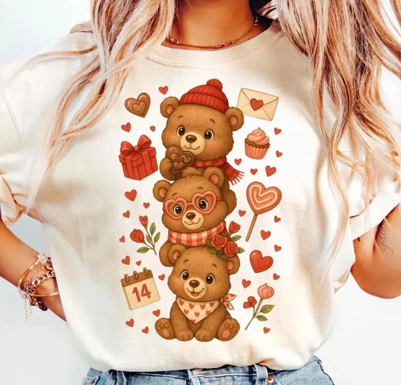 Cute Valentine Bears Stack Comfort T-Shirt Adorable Family Love Graphic Tee