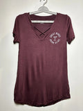 Women's "Great Minds Drink Alike" Short Sleeve Criss-Cross V-Neck Graphic Tee, S
