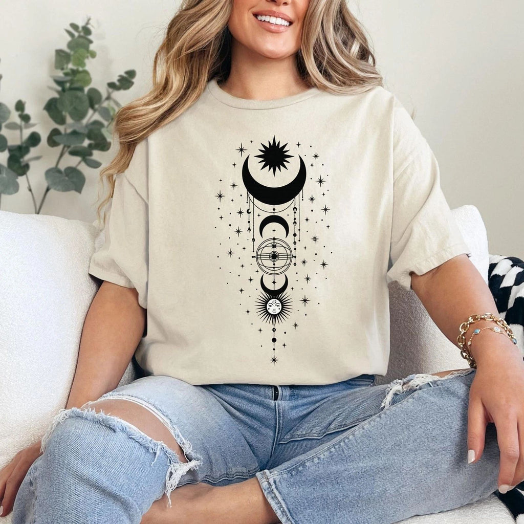 Graphic Print Yoga T Shirt, Boho Celestial Moon Phase Tee for Men Sand Tee #31
