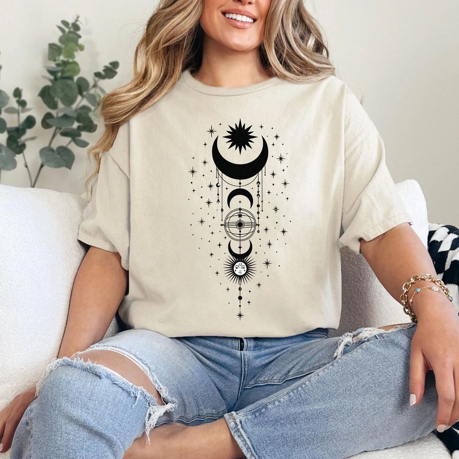 Graphic Print Yoga T Shirt, Boho Celestial Moon Phase Tee for Men Sand Tee #31