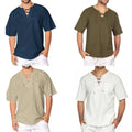 Cotton Linen Loose Tops V Short Mens Sleeve  Casual Neck  T-shirt  Up Lace