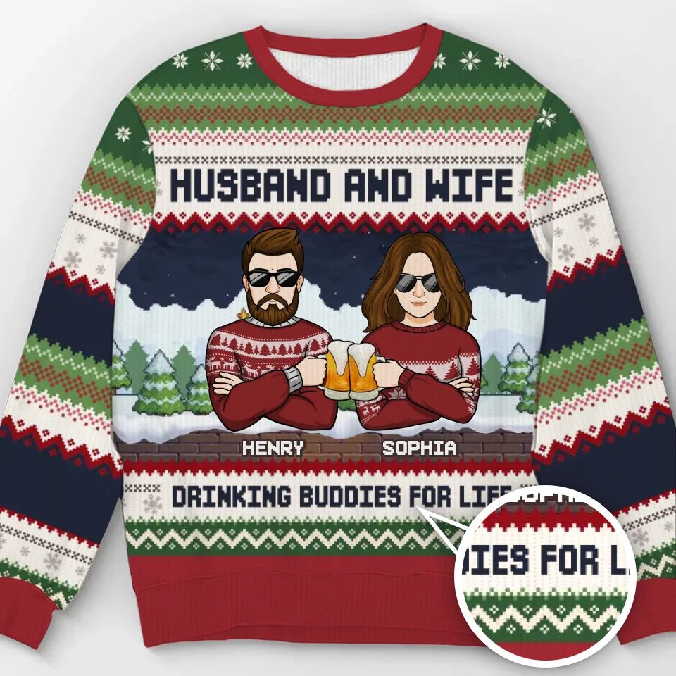 Cheers To Us And A Season Full Of Happiness - Couple Personalized Custom Ugly Sweatshirt - Unisex Wool Jumper - Christmas Gift For Husband, Wife, Couple