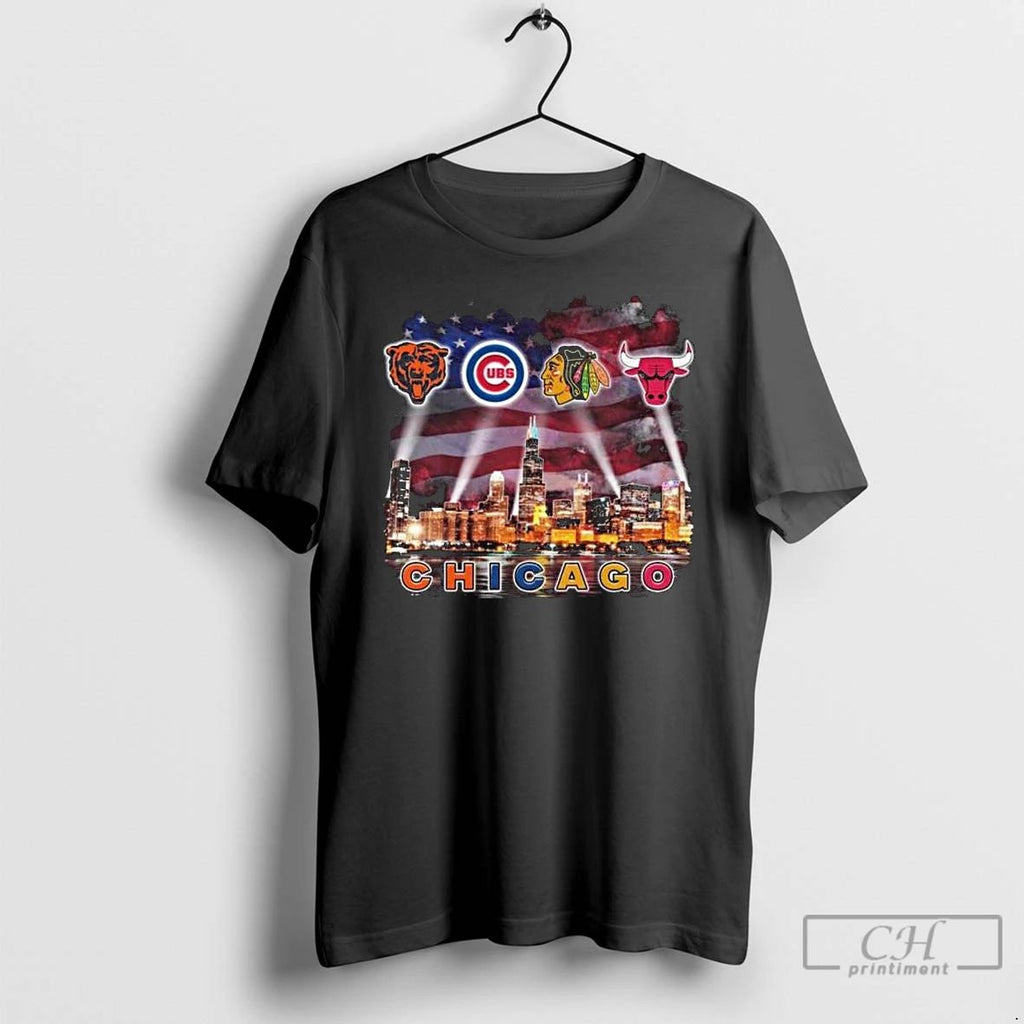 Premium Chicago City Sports Bears Cubs Blackhawks And Bulls Skyline Light 2025 Long Sleve