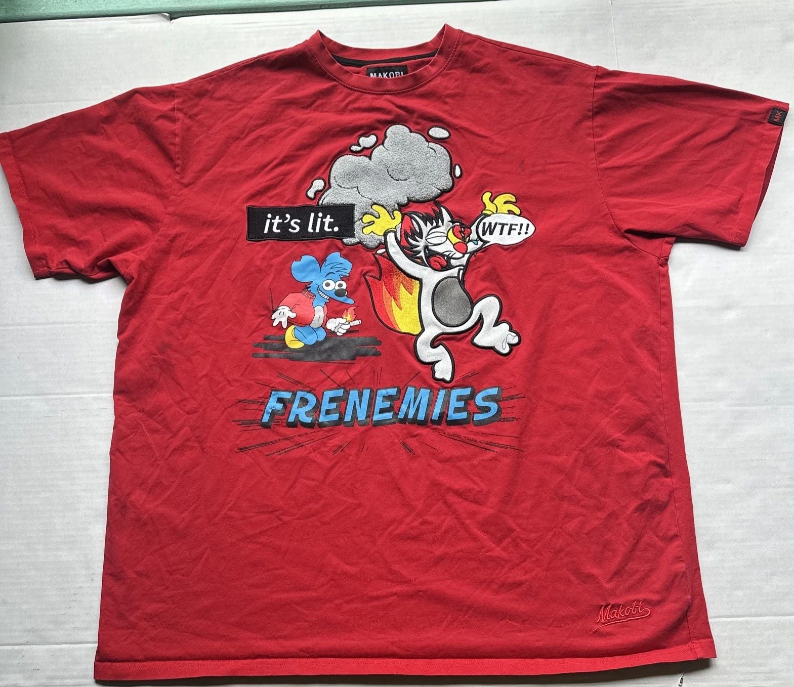 MAKOBI shirt Street Wear Frenemies Embroidered Patch Textured ReD WTF Cat 3XB