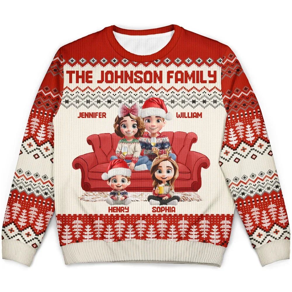 Cute Couple With Kids And Dogs 3D Effect - Personalized Unisex Ugly Sweater