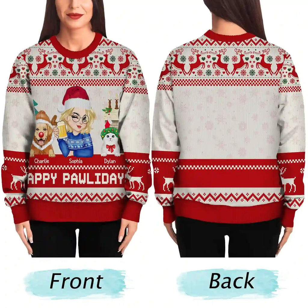Christmas Pet Lovers Happy Pawlidays - Personalized Unisex Ugly Sweater