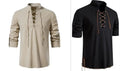 Men's Casual Long Sleeve Henry Shirt Lace-Up Stand-Up Collar Cotton Linen Blouse