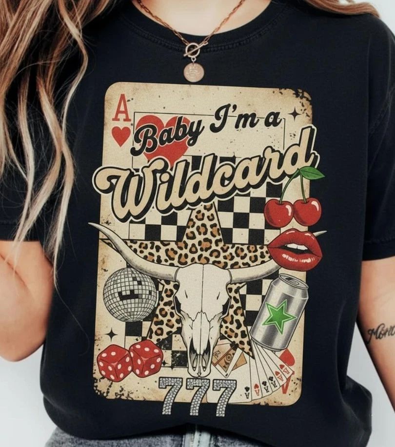 Trendy Cowgirl Wild Card Collage T-shirt, Western Graphic Quotes Tee Designs