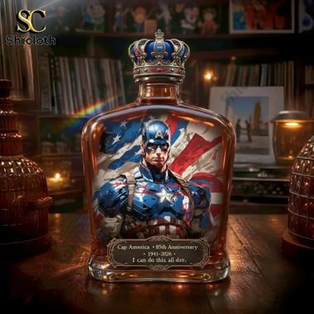 Cap America 85th Anniversary 1941-2026 I Can Do This All Day Whiskey Glass Bottle