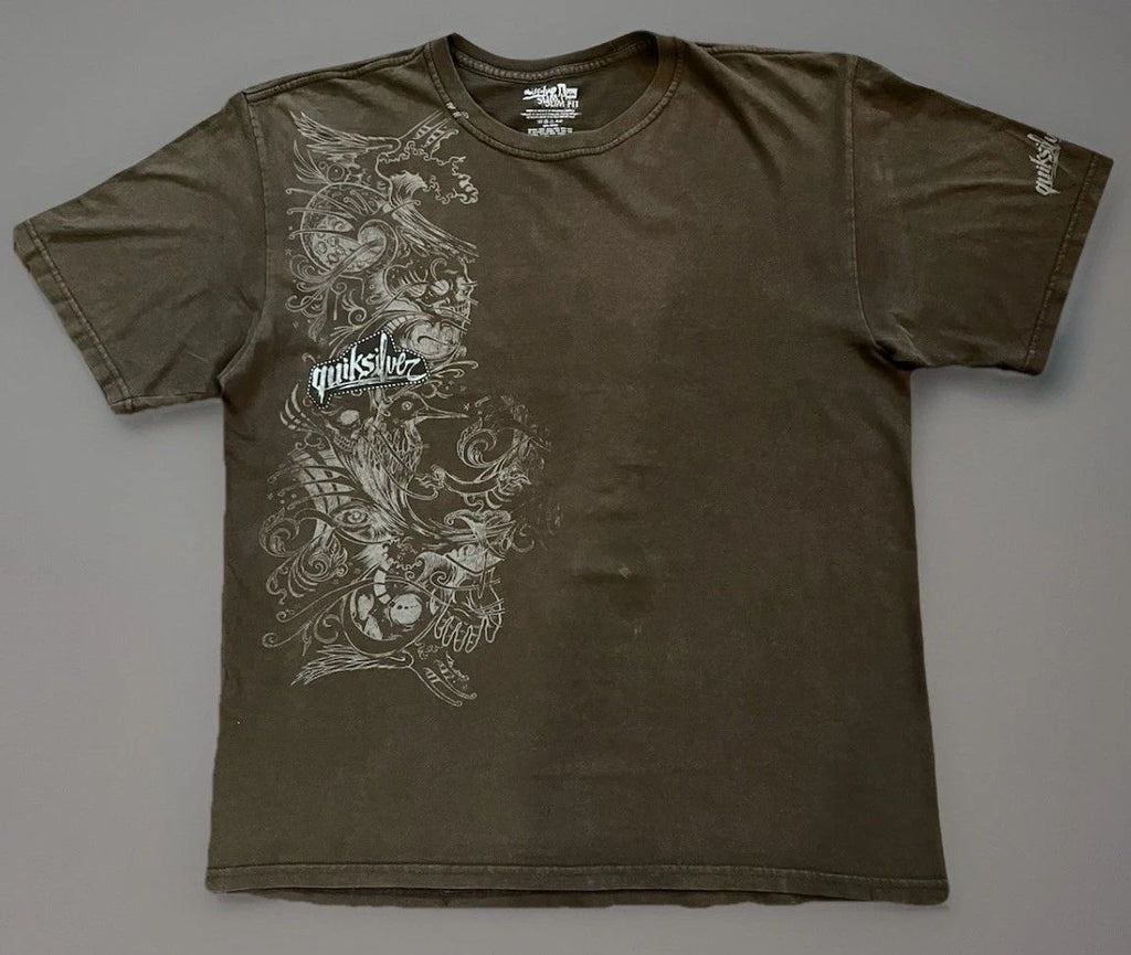 vintage Y2K Surf-wear quicksilver t shirt With Sick Skull Design. Brown, Size XL