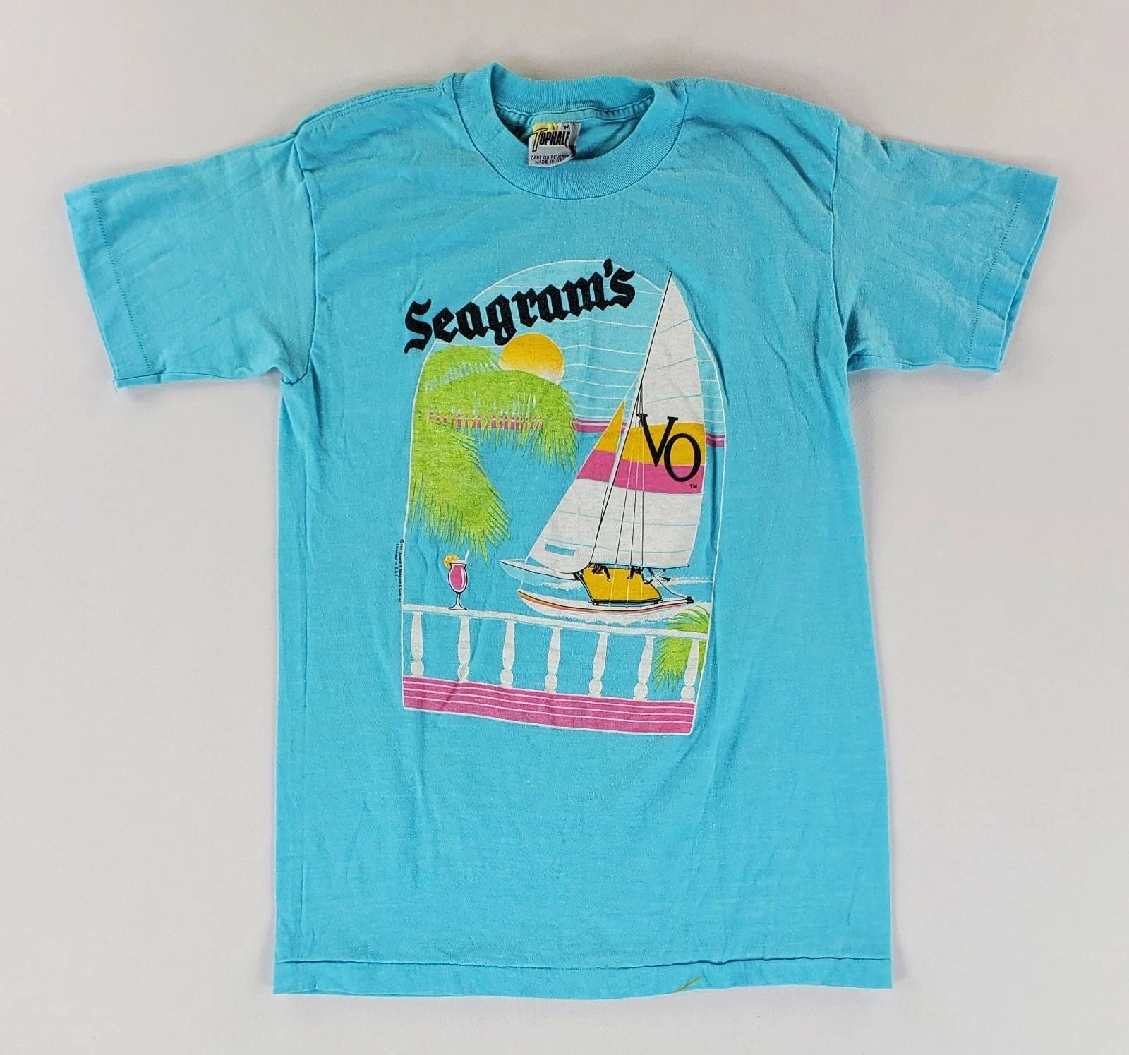 Seagram's VO T Shirt VTG 80s 90s Surf Beach Tophalf Blue Sheer Burnout Mens M