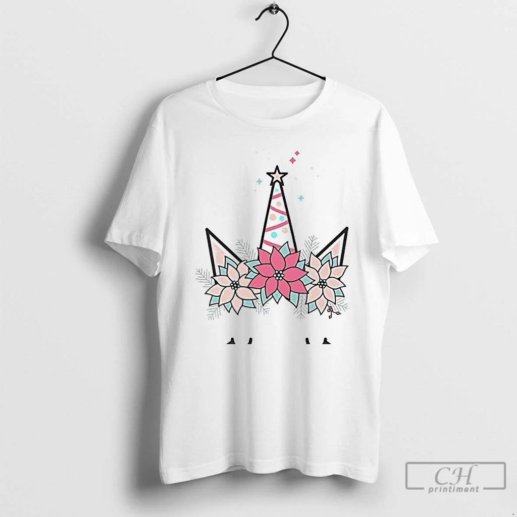 Classic Minimalist Unicorn Floral Christmas Horn White T Shirts