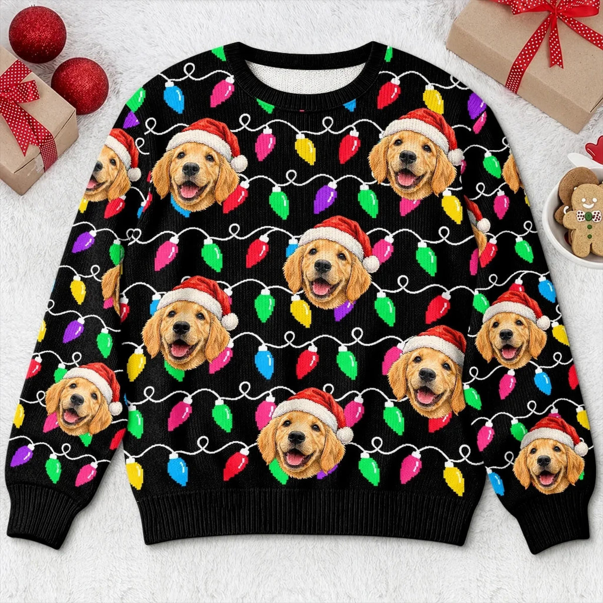 Custom Pet Photo Christmas Light Gifts For Dog And Cat Lovers - Personalized Ugly Sweatshirt