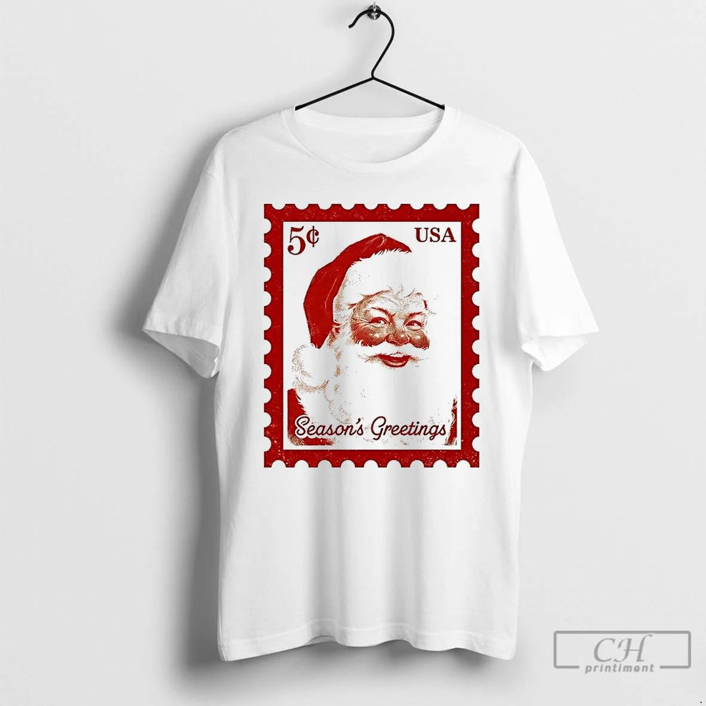 Classic Santa Stamp Seasons Greetings Usa Chirstmas T Shirts
