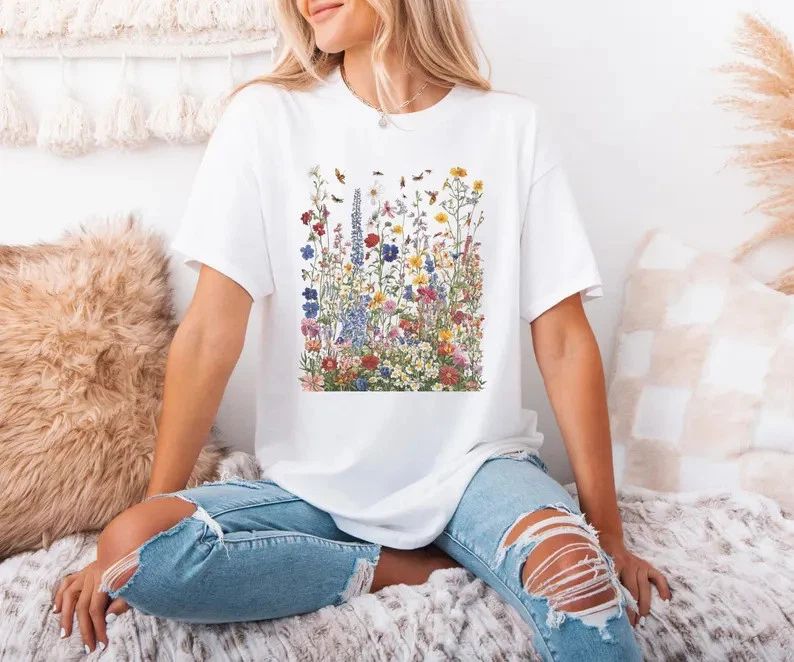 Vintage Pressed Flowers Comfort Tee Boho Style Floral Nature Shirt Gift