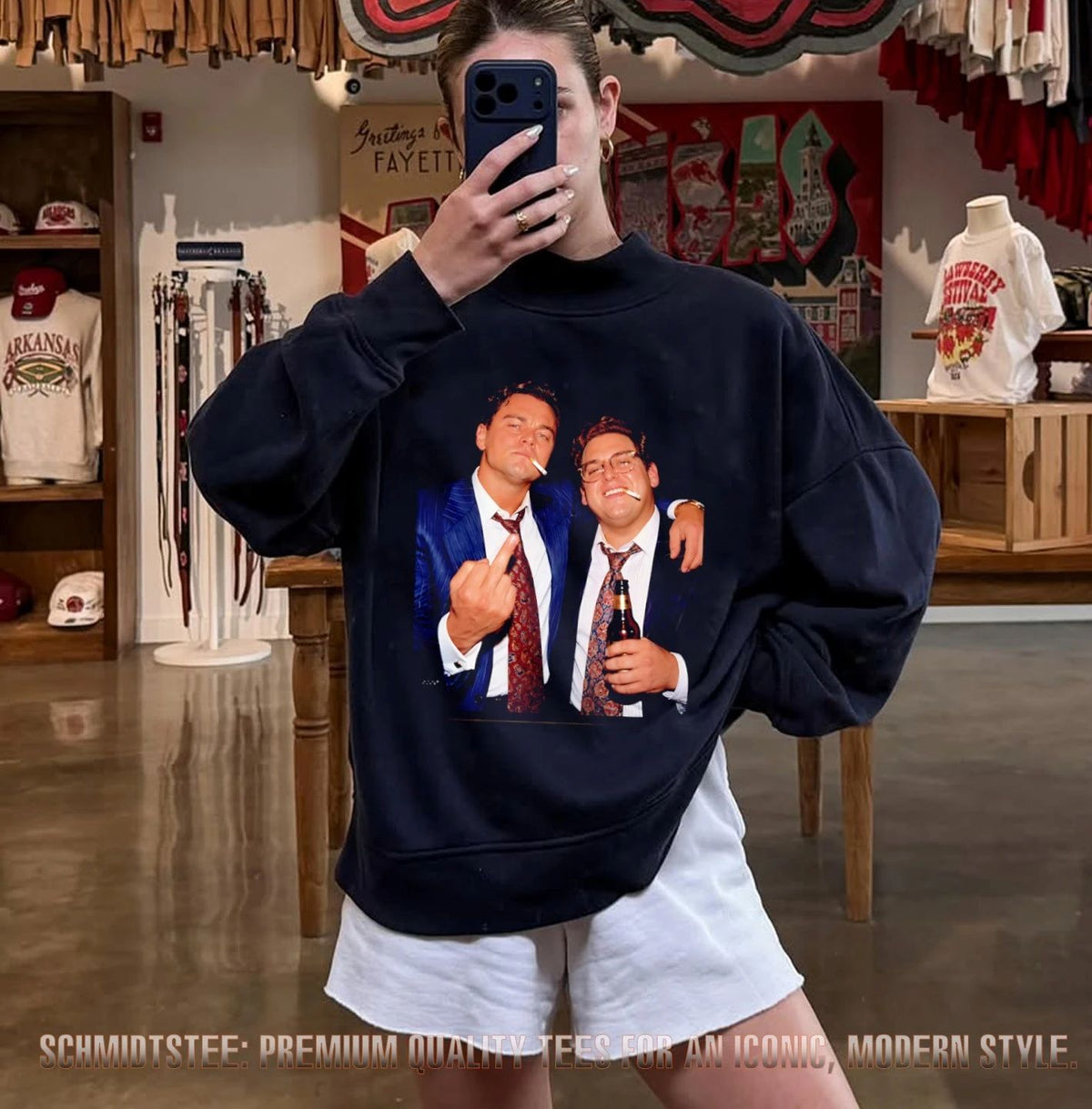 Leonardo DiCaprio and Jonah Hill in The Wolf of Wall Street middle finger smoking and beer shirt