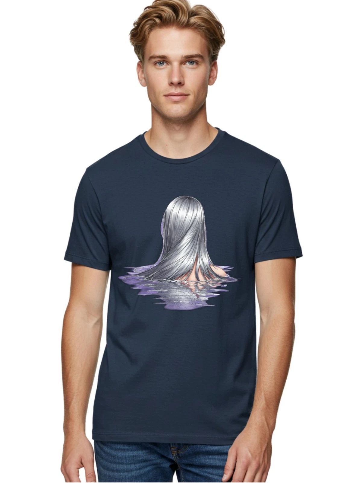 Silver-Hair-In-Water Mens Graphic Tee, 100% Cotton, Casual Summer Wear