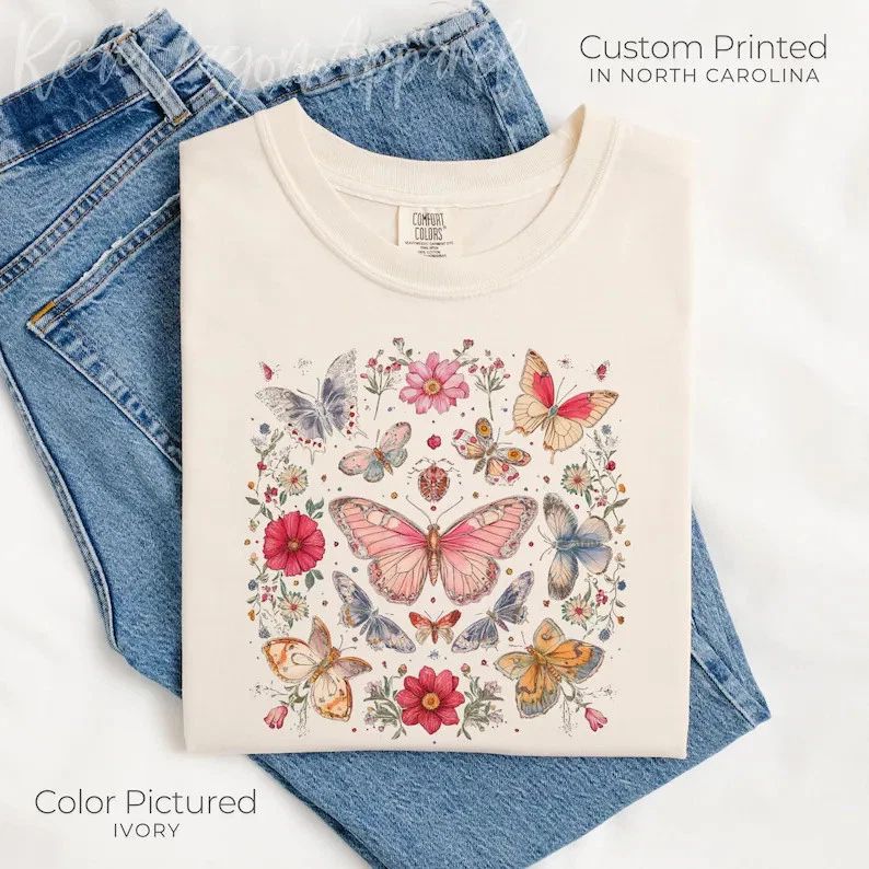 Watercolor Flowers Butterfly Boho Comfort Tee Soft Relaxed