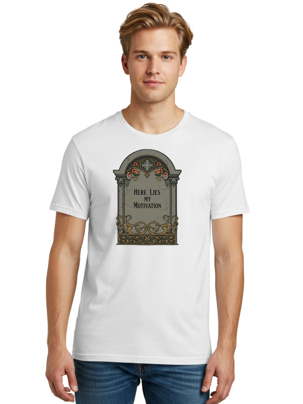 Here-Lies-My-Motivation-7 Mens Graphic Tee, 100% Cotton, Casual Summer Wear