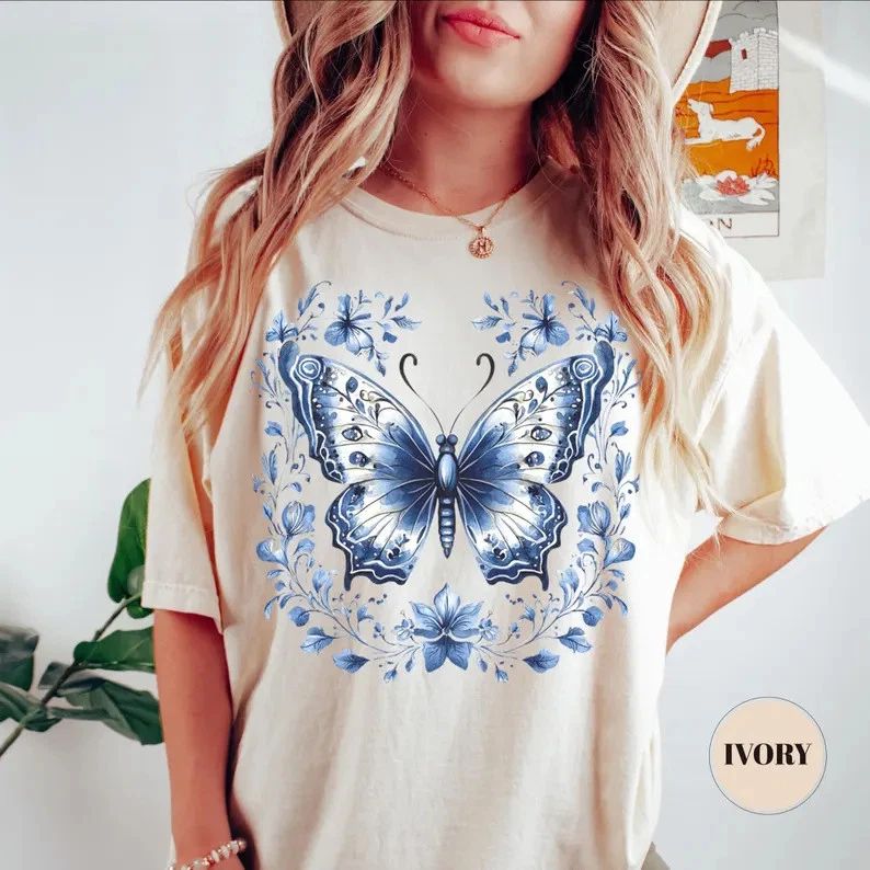 Bohemian Blue Butterfly Comfort Tee Womens Aesthetic Boho Soft Graphic Shirt