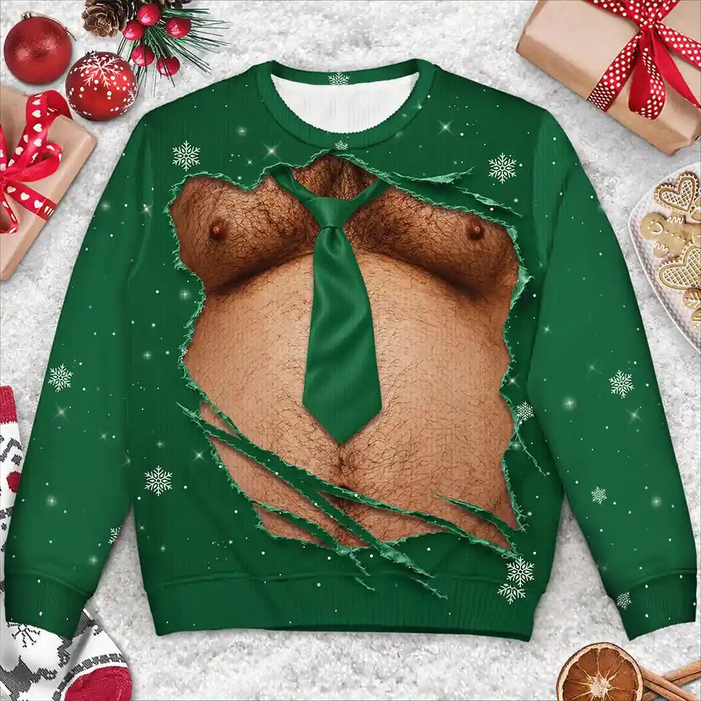 Christmas Gift For Husband Dad Grandpa - Personalized Funny Hairy Belly Abs Body Unisex Ugly Sweater