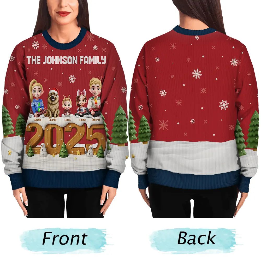 3D Effect Christmas Sitting Family - Personalized Unisex Ugly Sweater