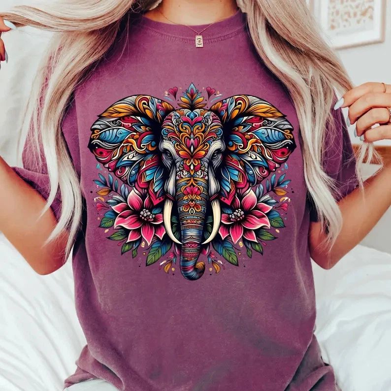 Colorful Mandala Elephant Boho Comfort Tee
