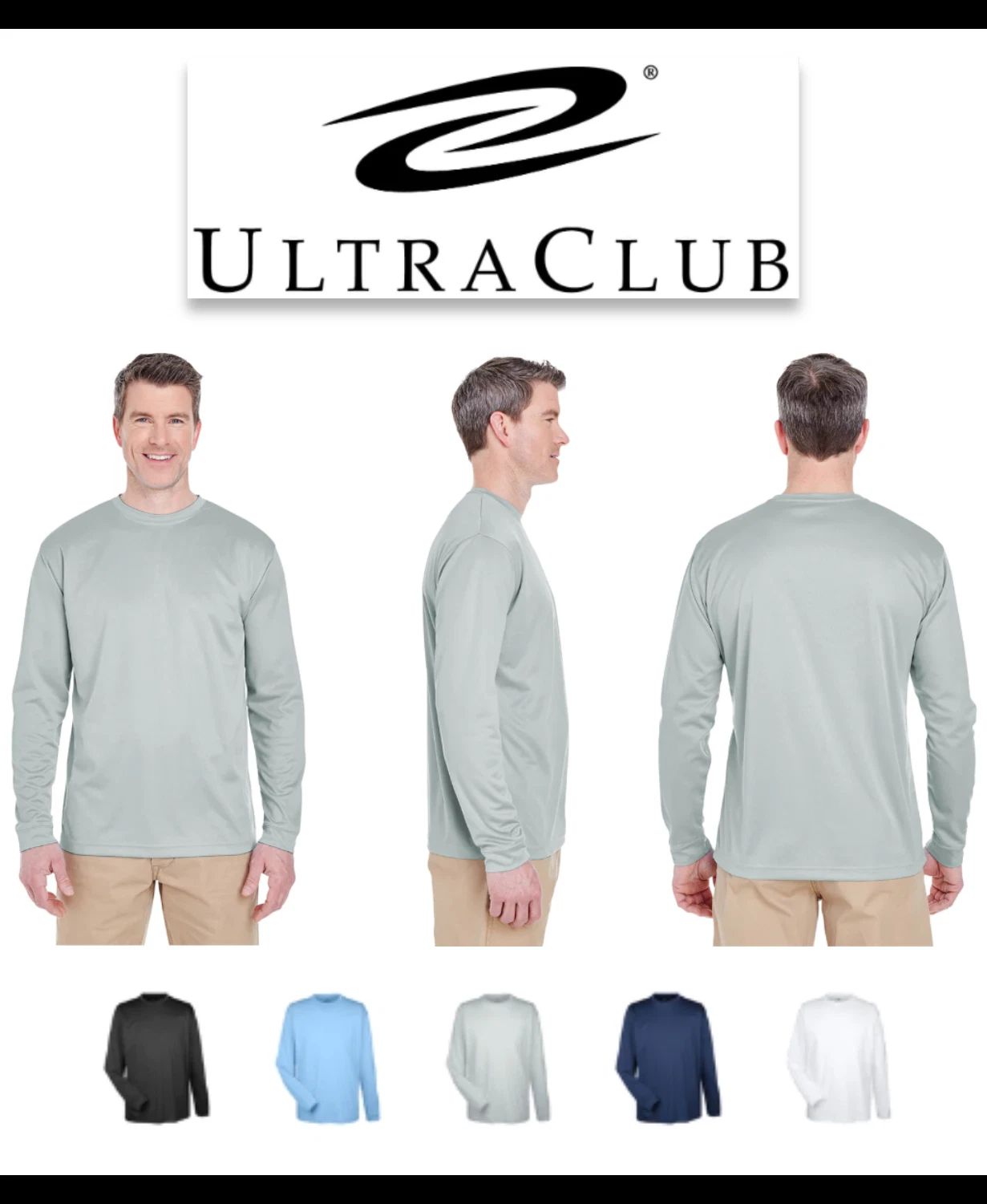 8401 UltraClub Men's Columbia Blue Cool & Dry Sport Long-Sleeve T-Shirt