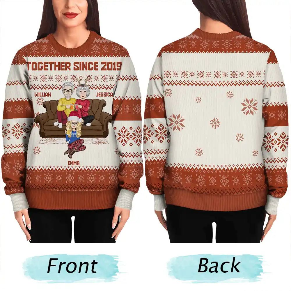Cartoon Senior Couple With Children - Personalized Unisex Ugly Sweater