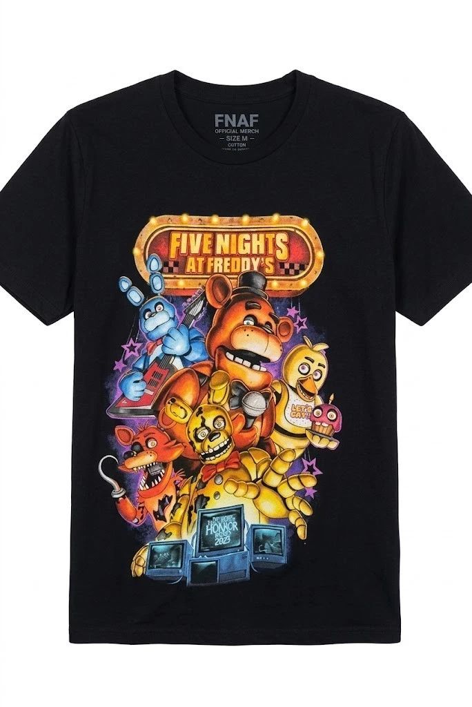 Five Nights At Freddy's FNAF T-Shirt Freddy Fazbear Bonnie Chica Foxy Black Tee