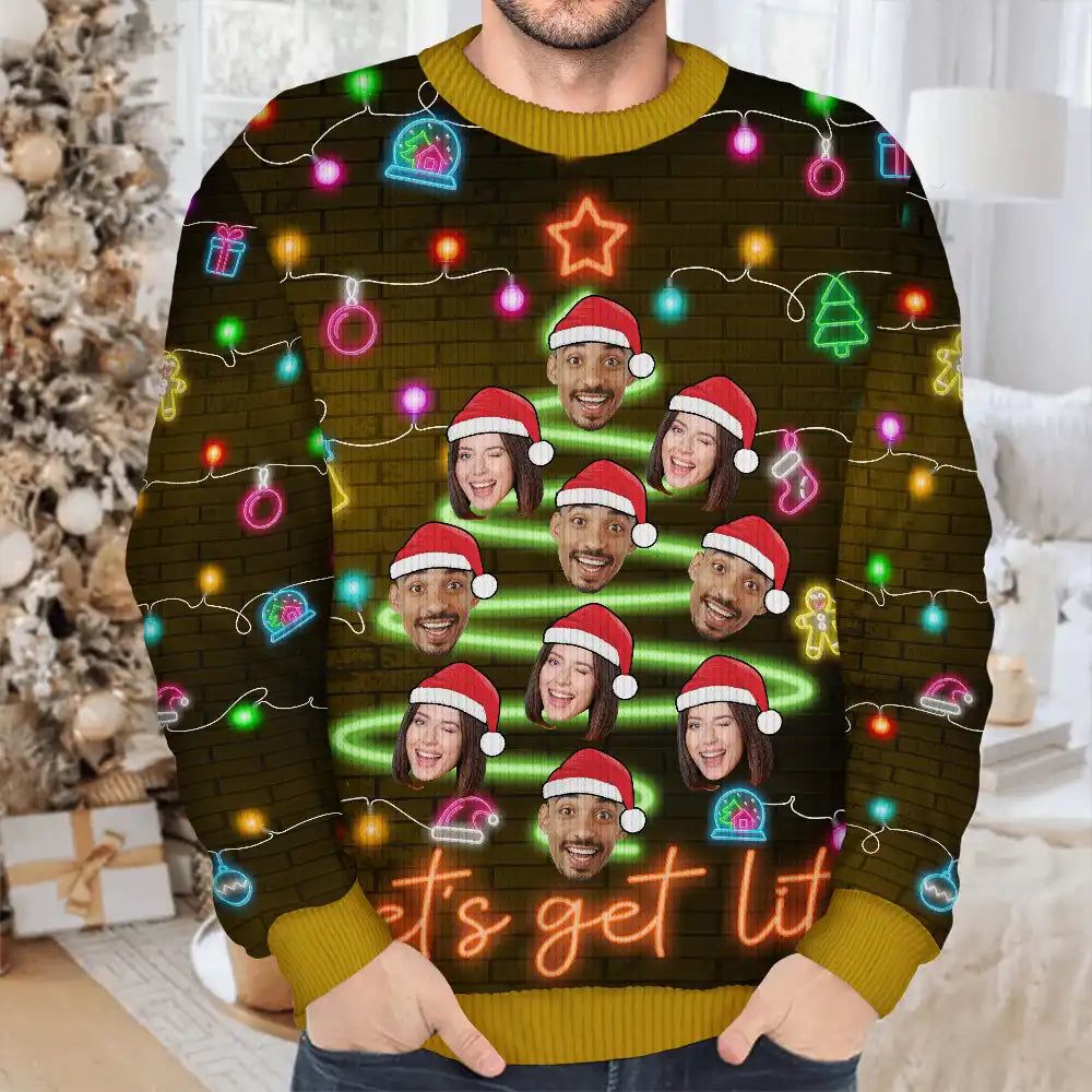 Custom Photo Funny Family Face Let's Get Lit Neon Christmas Light Style - Personalized Unisex Ugly Sweater