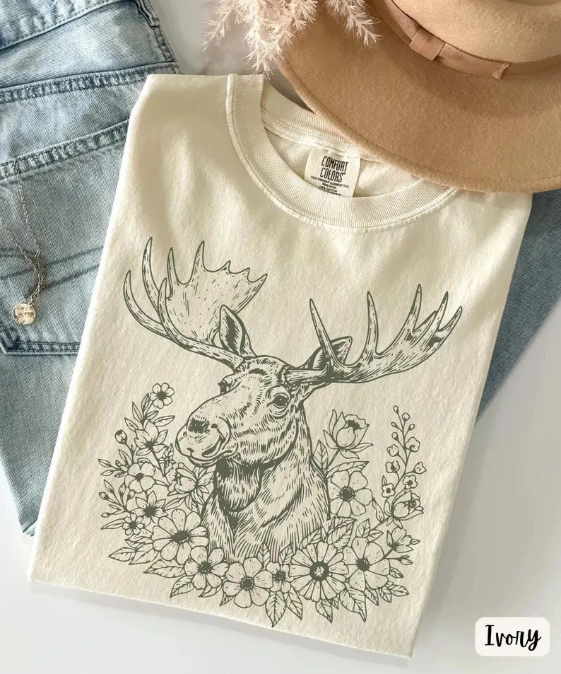 Floral Moose Comfort Tee Boho Shirt Nature Animal Graphic Relaxed