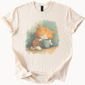 Ginger Cat Coffee Cup Graphic Tee Whimsical Animal Art Natural Shirt