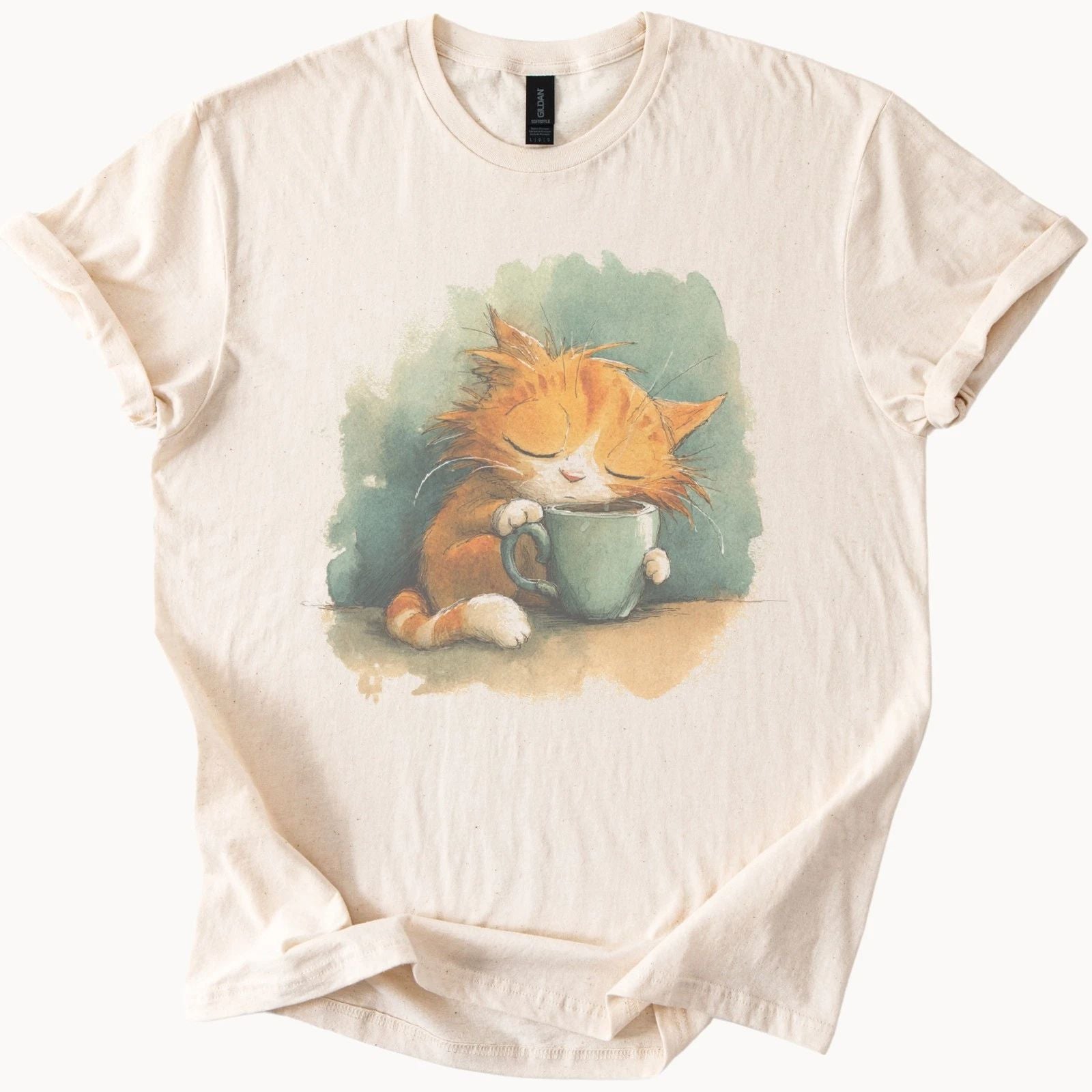 Ginger Cat Coffee Cup Graphic Tee Whimsical Animal Art Natural Shirt
