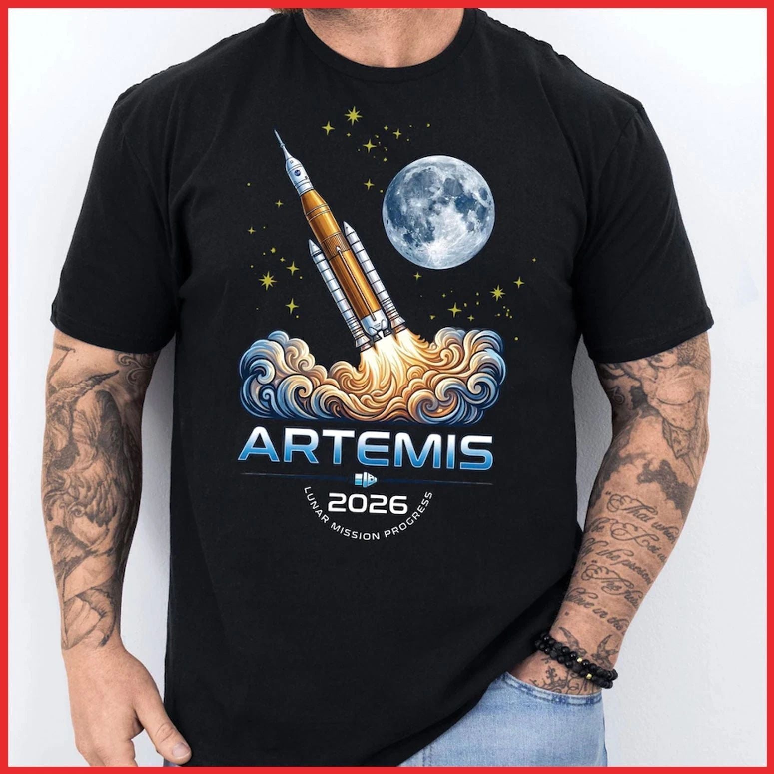 Artemis II 2026 Rocket Launch Moon Mission Black Cotton T-Shirt S-5XL