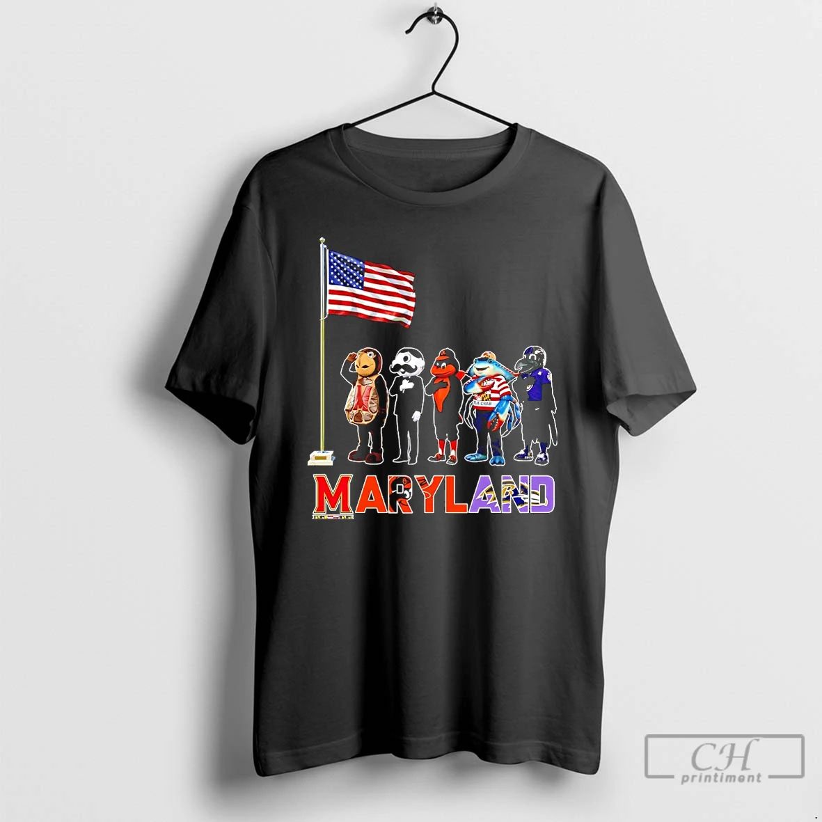 Classic Maryland City Sports Mascot Front Of An American Flag