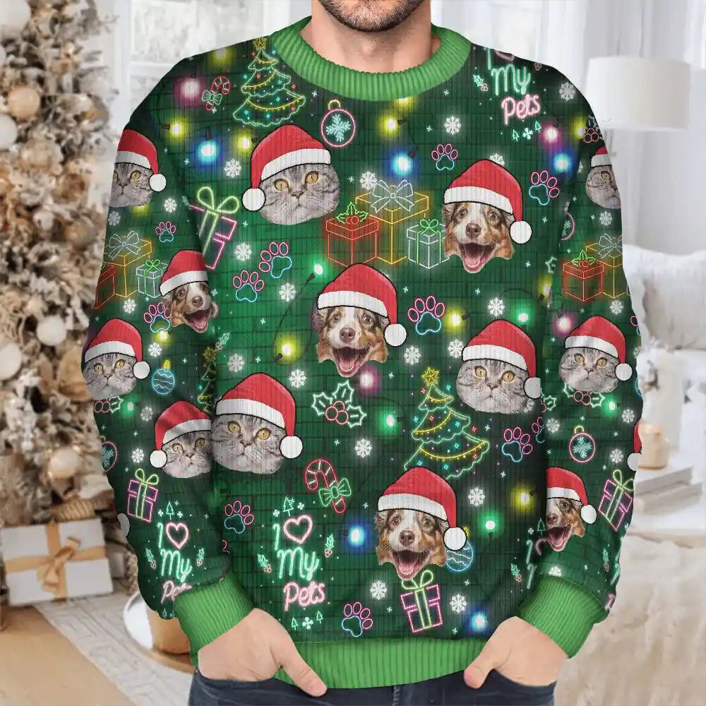 Custom Photo I Love My Dog Cat Pet Neon Christmas Light Style - Personalized Unisex Ugly Sweater