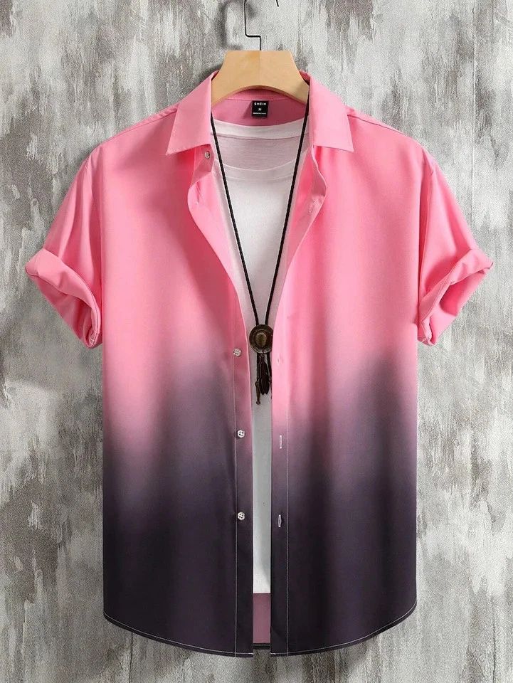 Men Hawaiian Shirt Gradient 3D Print Short Sleeve Streetwear Loose Fit Casual
