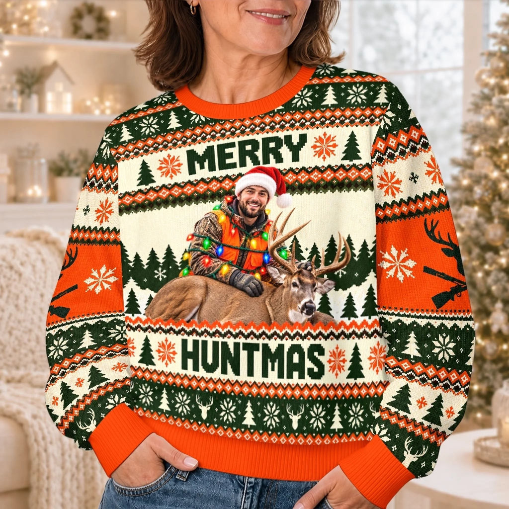 Custom Photo Christmas Hunting Gifts for Men - Personalized Ugly Sweatshirt