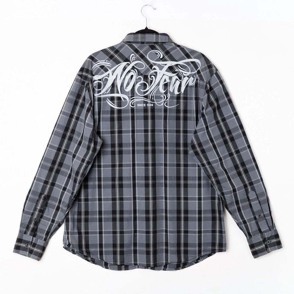 Y2K No Fear Born To Ride Plaid Shirt XL Grey Black Cotton Long Sleeve